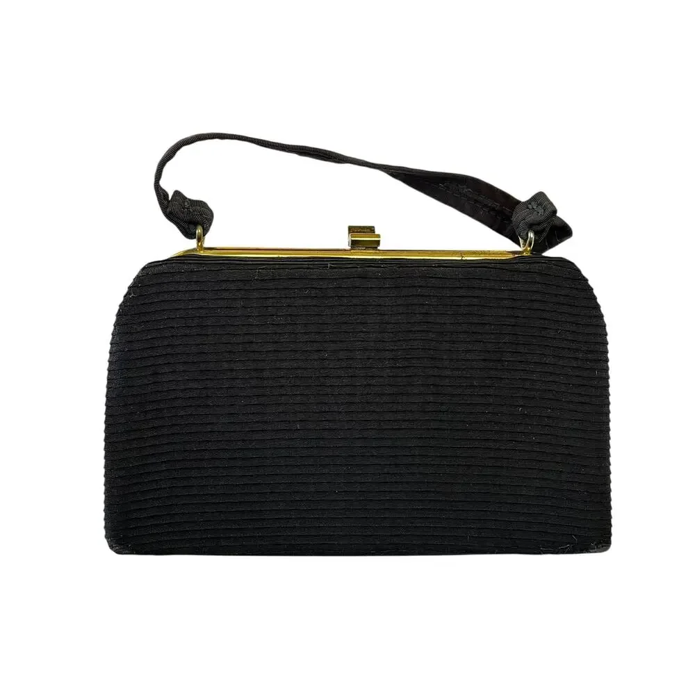 1950s Vintage Black Pleated Faille Top Handle Frame Handbag